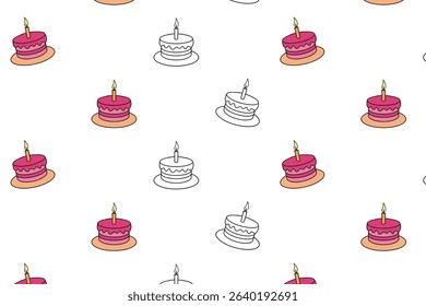 A seamless pattern of colorful birthday cakes with candles on a white background. The cakes are pink and white, arranged in a playful design