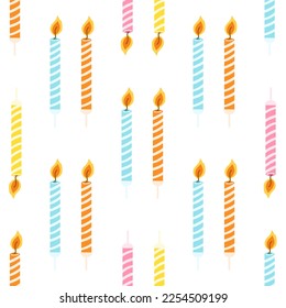 Seamless pattern with colorful birthday candles with burning flame. Vector texture for wrapping paper, fabric print, kids textile, cover, card design