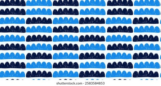 Seamless Pattern with Colorful Black and Blue Grunge Shapes. Retro clouds geometric wallpaper. Pencil naive cartoon drawings with hand drawn texture, modern background with freehand design