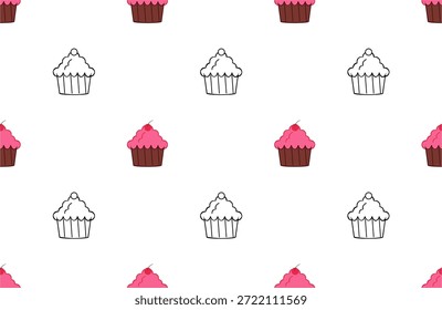 nahtloses Muster mit farbigen und schwarzen Umriss Cupcakes