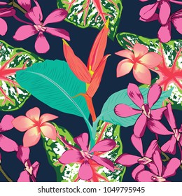 Seamless pattern colorful Bleeding hearts leaf (Caladium hortulanum),red Musella and pink Orchid flowers on black background.Watercolor style.Vector illustration  to print a fashion fabric and tile.