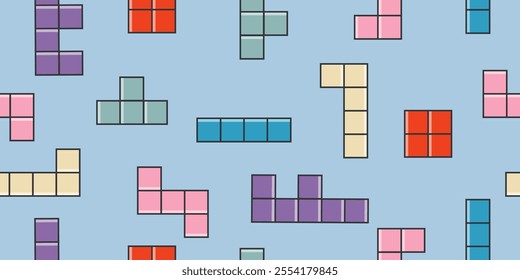 Seamless pattern with colorful block shapes. Retro game horizontal background.
