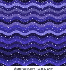 Seamless pattern with colorful blue waves and stars . Vector image, eps 10