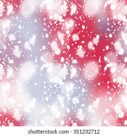 Seamless pattern with colorful blur background and realistic snow overlay.  Background tile for winter holidays. Abstract texture template.