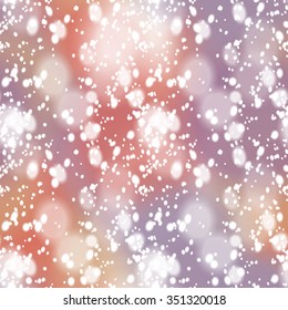 Seamless pattern with colorful blurred background and realistic snow overlay.  Background tile for winter holidays. Abstract texture template.