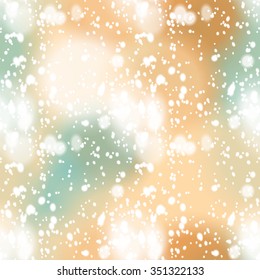 Seamless pattern with colorful blurred background and realistic snow overlay.  Background tile for winter holidays. Abstract texture template.
