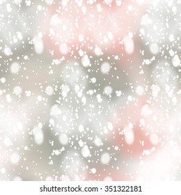 Seamless pattern with colorful blurred background and realistic snow overlay.  Background tile for winter holidays. Abstract texture template.