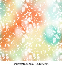 Seamless pattern with colorful blurred background and realistic snow overlay.  Background tile for winter holidays. Abstract texture template.