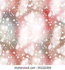 Seamless pattern with colorful blurred background and realistic snow overlay.  Background tile for winter holidays. Abstract texture template.