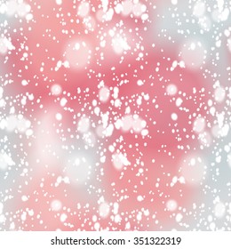 Seamless pattern with colorful blurred background and realistic snow overlay.  Background tile for winter holidays. Abstract texture template.