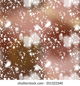 Seamless pattern with colorful blurred background and realistic snow overlay.  Background tile for winter holidays. Abstract texture template.