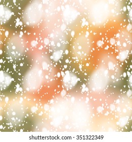 Seamless pattern with colorful blurred background and realistic snow overlay.  Background tile for winter holidays. Abstract texture template.
