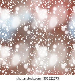 Seamless pattern with colorful blurred background and realistic snow overlay.  Background tile for winter holidays. Abstract texture template.