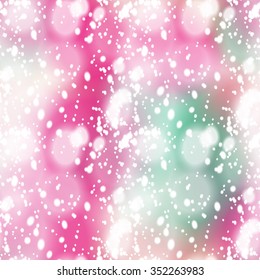 Seamless pattern with colorful blurred background and realistic snow overlay.  Background tile for winter holidays. Abstract texture template.