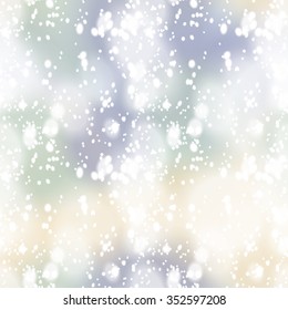 Seamless pattern with colorful blurred background and realistic snow overlay.  Background tile for winter holidays. Abstract texture template.