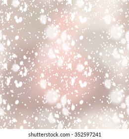 Seamless pattern with colorful blurred background and realistic snow overlay.  Background tile for winter holidays. Abstract texture template.
