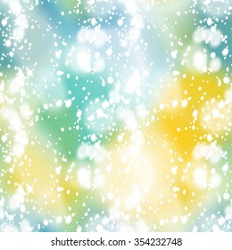 Seamless pattern with colorful blurred background and realistic snow overlay.  Background tile for winter holidays. Abstract texture template.