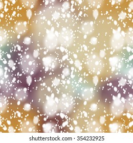 Seamless pattern with colorful blurred background and realistic snow overlay.  Background tile for winter holidays. Abstract texture template.