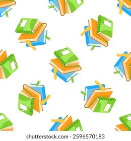 Seamless pattern of colorful books with bookmarks forming stacks promoting reading and education
