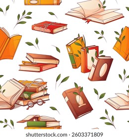 Seamless pattern with colorful books isolated on white. Vector illustration of stack of books, open book, leaves. Book lover, bookstore, library, reading corner concept.