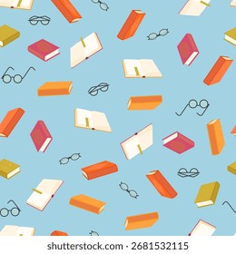 Padrão perfeito com livros coloridos e óculos de leitura no fundo azul para projetos temáticos de educação ou biblioteca