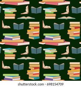 Seamless pattern with colorful books, stacking or piles of books on dark green background. Cartoon vector illustration in flat style. Back to school background.