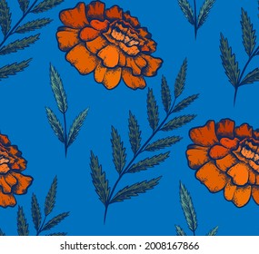 Seamless pattern with colorful botanical sketch of marigold flowers and branch with leaves on blue background. Vector textile with floral drawing. Fabric with pencil image of plant and flowerhead