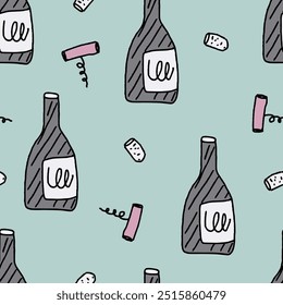 Seamless pattern of colorful bottle and corkscrew. Template for Notebook covers, pattern for wallpapers, textile or for cafe, fast food restaurant. Doodle vector arts. Childish naive illustrations