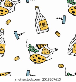 Seamless pattern of colorful bottle, corkscrew and food on a cutting board. Template for Notebook covers, for wallpapers, textile or for cafe, restaurant. Doodle vector art. Childish naive art