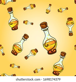 Seamless pattern with colorful bottles with magic potion. Gothic style vector illustration. Tattoo design, magic symbol for your use.