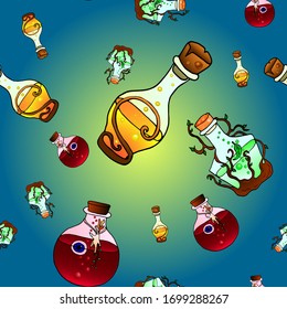 Seamless pattern with colorful bottles with magic potion. Gothic style vector illustration. Tattoo design, magic symbol for your use.