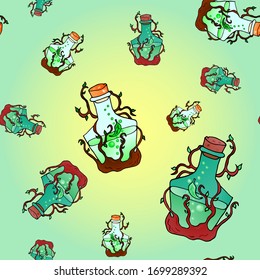 Seamless pattern with colorful bottles with magic potion. Bottle with tree branches and leaves. Gothic style vector illustration.Tattoo design, magic symbol for your use.