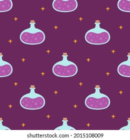 seamless pattern with colorful bottles with magic potion, halloween vector illustration