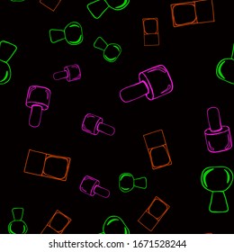 patrón impecable con coloridas botellas de esmalte de uñas sobre un fondo negro. Frascos de esmalte de uñas. Antecedentes de la tienda de uñas, estudio de uñas, blog de belleza, post en redes sociales, embalaje