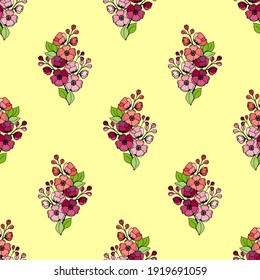 Seamless pattern with colorful bouquets of cherry or japanese quince flowers.  Vector illustration for festive design.