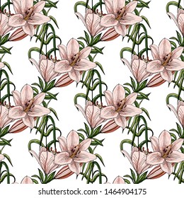 Patrón inquebrantable con ramos coloridos de diferentes lirios. Textura sin fin para el diseño. Fondo vectorial con lirios y elementos florales para su diseño.