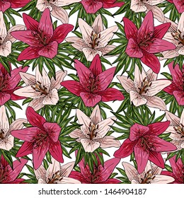 Seamless pattern with colorful bouquets of different lilies. Endless texture for design. Vector background with lilies and floral elements for your design.