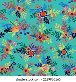 Seamless pattern with colorful bouquets, flowers cut in paper art folk style. Silhouette illustration. Vector drawing. Geometric.