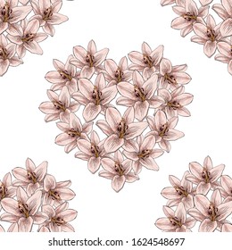 Seamless pattern with colorful bouquets of lilies. Endless texture with hearts of flowers. Vector background with lilies and floral elements for your design.
