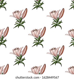 Seamless pattern with colorful bouquets of lilies and buds. Endless texture. Vector background with lilies and floral elements for your design.