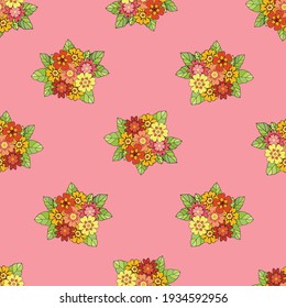 Seamless pattern of colorful bouquets of primrose flowers. Vector illustration for holiday design, packaging, wallpaper, fabric, textile, stationery, accessories. 
