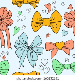 Seamless pattern of colorful bow hand drawn with label. Colorful vector doodle illustration for girls.