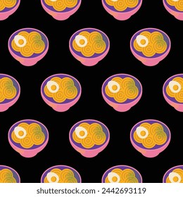Seamless pattern Colorful Bowl of Noodles With Egg and Spices. Asian food set. The bowl is pink, and the contents emit a sense of warmth and flavor. Vector flat illustration isolated on background.
