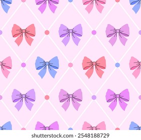 Seamless pattern with colorful bows arranged in a diamond grid.