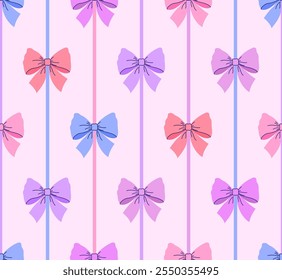 Seamless pattern with colorful bows arranged in vertical stripes on a soft pink background. 
