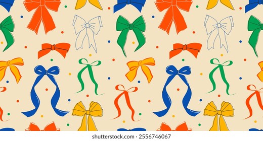 Seamless pattern with colorful bows in blue, green, orange, yellow, and white on a light background. Playful and festive design with dotted accents. Ideal for gift wrapping and celebration themes