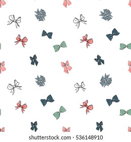 Seamless pattern with colorful bows. Decorative vector art for decorating greeting cards, banners or ads for wedding, birthday, Valentines day, new year, Christmas or other holidays.