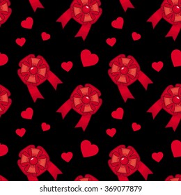Seamless pattern with colorful bows and red hearts