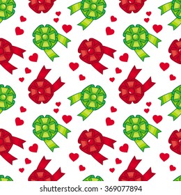 Seamless pattern with colorful bows and red hearts