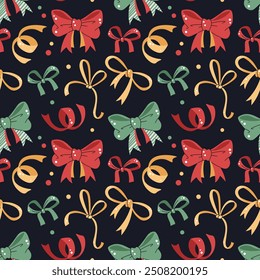 Padrão contínuo com arcos e fitas coloridas. Textura de feriado vetorial em estilo plano. Feliz Natal e Feliz Ano Novo. Adequado para papel de parede, papel de embalagem, tecido, etc.